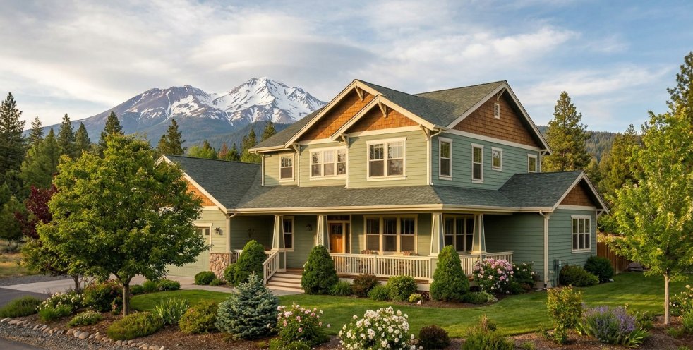 Freshly painted two-story home with mountain backdrop in Mount Shasta, California